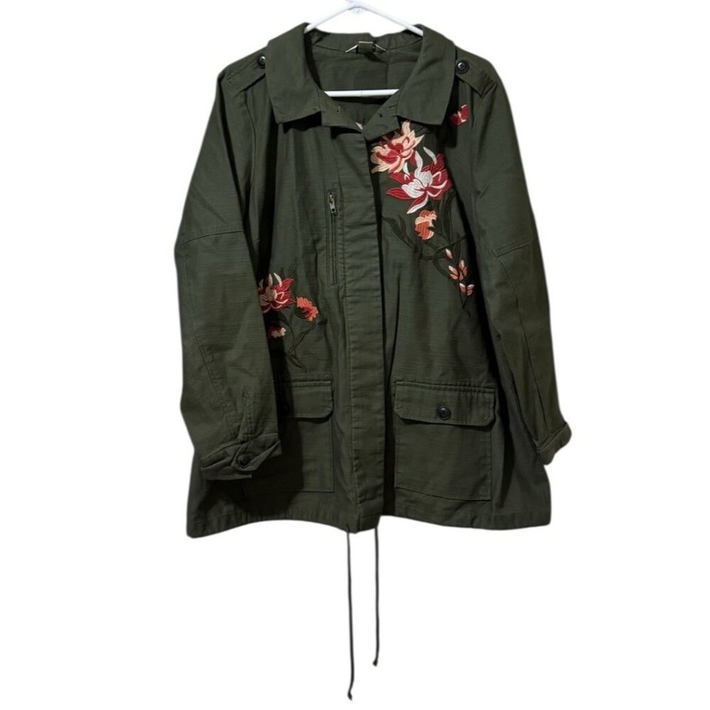 CJ Banks Jacket Women Size 1XL Green Floral Embroidered Boho Cottagecore Peasant